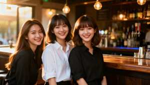 バーに座ってカメラに向かって微笑む 3 人の若い女性を正面カメラのアングルから写実的...。