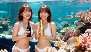 色とりどりの熱帯魚やサンゴで満たされた水族館の前に立つ 2 人の若いアジア人女性。