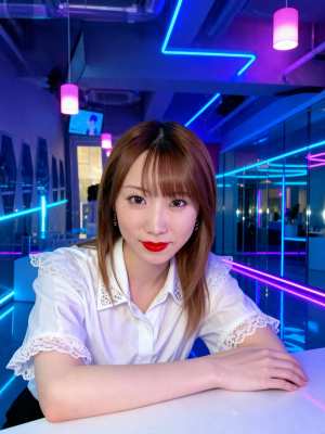 長い茶色の髪と前髪を持ち、レースのディテールが施された白いブラウスを着て、ネオンライ...。