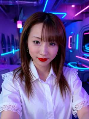 ネオンライトのある薄暗い未来的な室内で、ポートレートカメラの角度から撮影された、若い...。