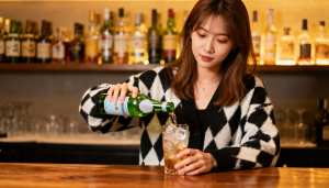 アジア系の若い女性が、薄暗いバーのバーカウンターにあるグラスに緑色のボトルから飲み物を注ぐ。