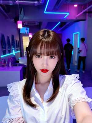 ネオンが輝く屋内環境で若い女性が自撮りをする様子を、自撮りアングルから写実的に撮影したもの。