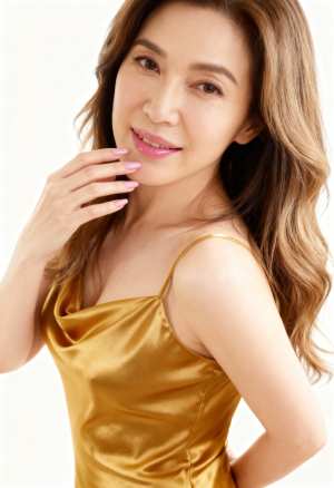 ウェーブのかかった茶色の長い髪と温かい笑顔を持ち、片手を顎に当て、もう一方の手を頬に...。