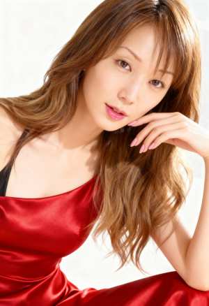 赤いサテンのドレスを着た、長くウェーブのかかった茶色の髪を持つ美しいアジア人女性のポ...。