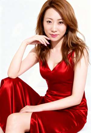 画像の中央に座り、体型を強調するぴったりとした赤いサテンのドレスを着た、長くウェーブ...。