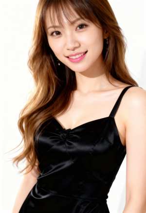 ウェーブのかかった茶色の長い髪と白い肌を持ち、カメラに向かって微笑む若い女性のポートレート。