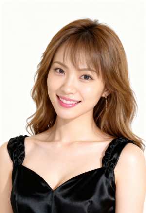 ウェーブのかかった茶色の長い髪と白い肌を持つ、カメラに向かって微笑む若いアジア人女性...。