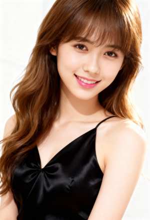 ウェーブのかかった茶色の長い髪と白い肌を持ち、カメラに向かって微笑む若い女性の写実的...。