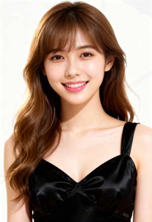 ウェーブのかかった茶色の長い髪と白い肌を持ち、カメラに向かって微笑む若い女性のポートレート。