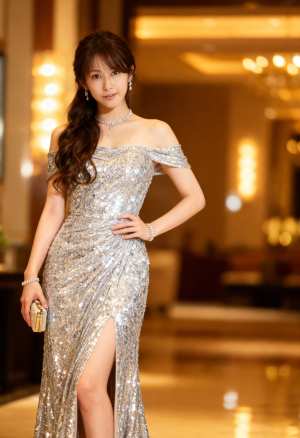 豪華なロビー環境で、見事なシルバーのスパンコールのドレスを着て自信を持ってポーズをと...。