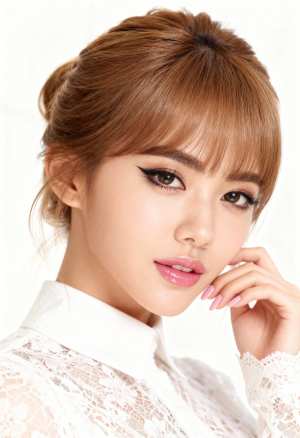 片手を顎に当てて自信を持ってポーズをとる、中性的な表情を持つ若い女性のクローズアップ...。