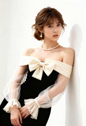 無地の白い背景に、薄手の袖と大きなリボンが付いたフォーマルな衣装を着た若い女性をポー...。