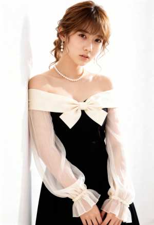 薄手の袖とリボンが付いたフォーマルな服装をした若い女性が、無地の白い壁に向かってポー...。