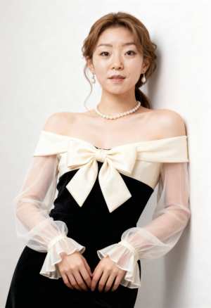 ポートレートカメラの角度から撮影された、正装を着た若いアジア人女性の写実的なポートレート。