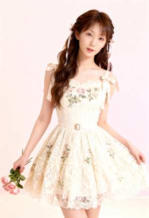 花の刺繍が入った白いレースのドレスを着た若い女性が、ピンクのバラの花束を持って画像の...。