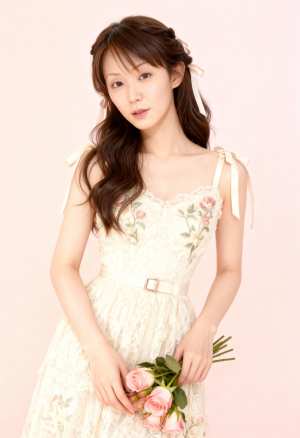 ピンクのバラの花束を持った白いレースのドレスを着た若い女性を正面カメラの角度から撮影...。