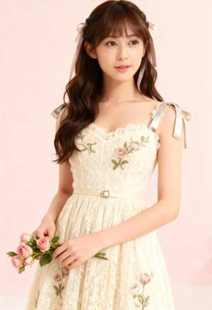 花の刺繍が施された白いレースのドレスを着て、ピンクのバラの花束を持った若い女性をポー...。