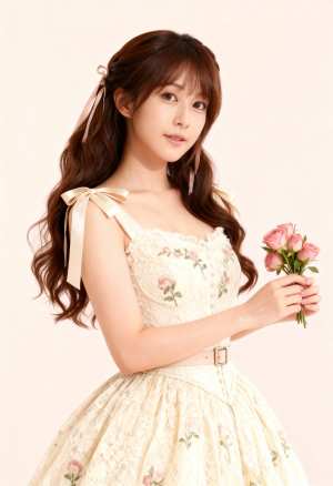 花柄の明るい色のドレスを着て、ピンクのバラの花束を持った若い女性をポートレートアング...。