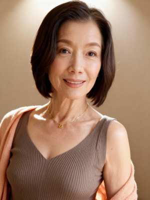 カメラに向かって微笑む、短い黒髪の中年のアジア人女性のポートレート。