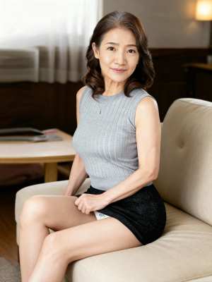 モダンなリビングルームのベージュのソファに座り、ノースリーブのグレーのリブニットトッ...。