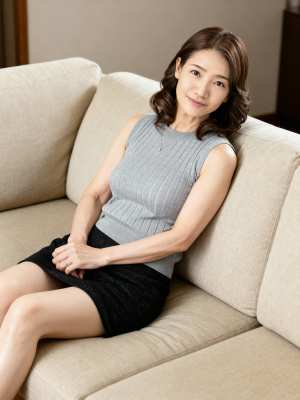 モダンなリビングルームのベージュのソファに座っている中年アジア人女性のプロフェッショ...。