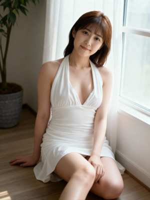 白いホルターネックのドレスを着て、明るい部屋に座っている若い女性を正面から写実的に撮...。