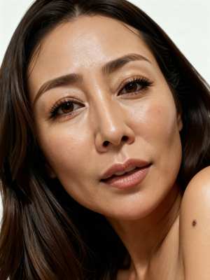 長く真っ直ぐな濃い茶色の髪と茶色の目をした中年アジア人女性のクローズアップポートレー...。