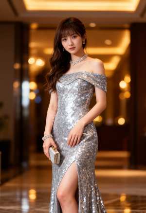 豪華なロビーで、見事なシルバーのスパンコールのガウンを着てエレガントにポーズをとる若...。