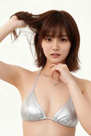 シルバーのビキニを着て片手で髪を押さえ、中立的な表情でカメラを見つめる若い女性のポー...。
