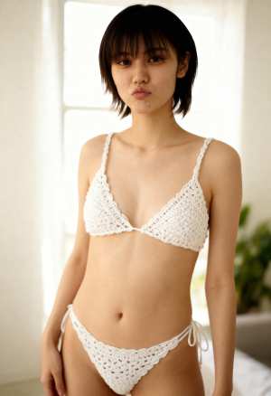 窓から自然光が差し込む明るい部屋に立つ、かぎ針編みのビキニを着た若い女性を正面カメラ...。