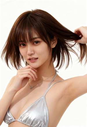 真っ白な背景に自信を持ってポーズをとるシルバーのビキニを着た若い女性をポートレートア...。