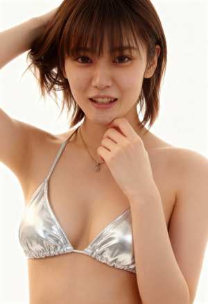 シルバーのビキニを着て、お茶目な表情でカメラに微笑む若い女性をクローズアップカメラア...。