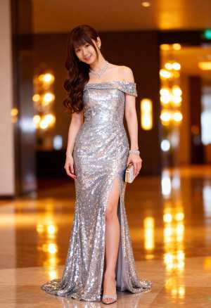 豪華なロビーに、見事なシルバーのスパンコールのガウンを着て自信を持って立っている女性...。