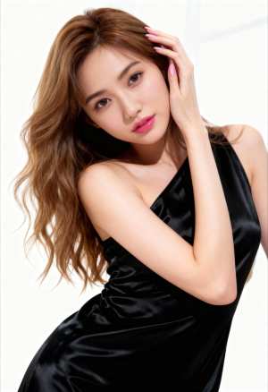 黒のサテンのドレスを着てエレガントにポーズをとる若い女性をポートレート カメラ アン...。