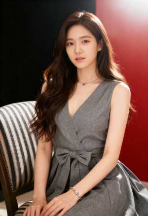 フォーマルな環境で縞模様の椅子に座り、リボンのディテールが付いたグレーのドレスを着た...。