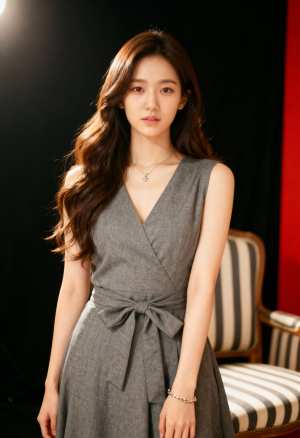 黒と赤の背景と縞模様の椅子のあるスタジオ設定に立つ、グレーのドレスを着た若い女性をポ...。