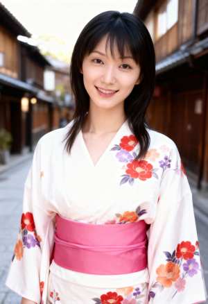 伝統的な木造建築を背景にした狭い路地の真ん中に、色とりどりの花柄の伝統的な白い着物と...。