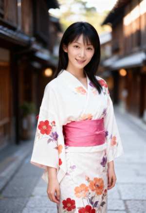 木造の建物が立ち並ぶ狭い石畳の通りに立つ、花柄の伝統的な日本の着物を着た若い女性をポ...。