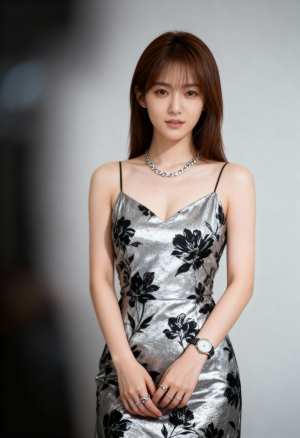 黒い花柄のシルバーのドレスを着て自信を持ってポーズをとる若い女性を、ポートレート カ...。