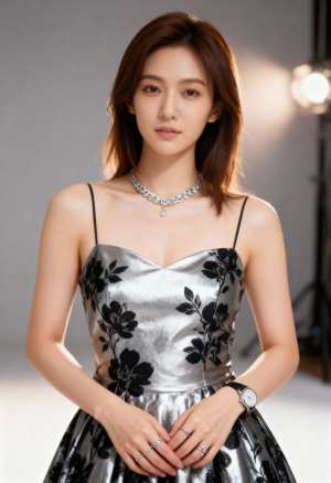 ジュエリーで飾られた黒い花柄のシルバーのドレスを着てエレガントにポーズをとる若い女性...。