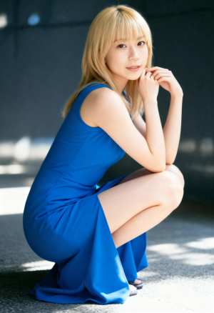 青いドレスを着た若い女性がしゃがみ、思慮深い表情でカメラを見つめている様子を横から撮...。