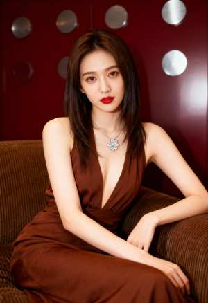 赤い壁と円形の照明が配された洗練された雰囲気の中で、ソファに座る若い女性をポートレー...。