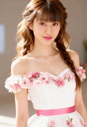 ピンクの花飾りで飾られた白いドレスを着た、ウェーブのかかった茶色の長い髪を三つ編みに...。
