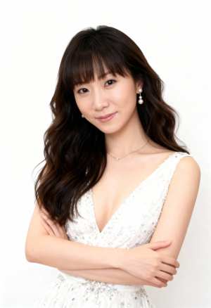 ウェーブのかかった濃い茶色の長い髪とわずかな笑みを浮かべた若い女性のプロの顔写真。