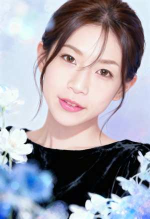 柔らかいパステルブルーと白の背景に花々に囲まれた、柔らかい表情の若い女性の写実的なポ...。