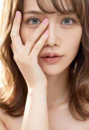 明るい肌と長くウェーブのかかった茶色の髪を持つ若い女性のクローズ アップの肖像画。