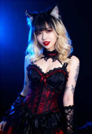 猫耳とコルセットを付けたコスプレ キャラクターをポートレート カメラ アングルから写...。