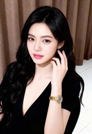 ウェーブのかかった長い黒髪と心地よい表情をした若い女性が、ネックラインが大きく開いた...。