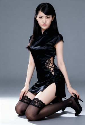 レースのディテールが施されたスタイリッシュな黒のチャイナ ドレスを着て、サイハイ ス...。