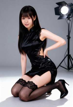 スタジオ設定の床に座って、レースのディテールが施された黒いシルクのチャイナ ドレスを...。